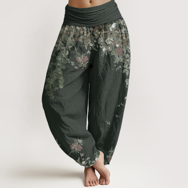 Pantalon Buddha Stones décontracté en pur coton avec motif de pivoine rouge et de vigne pour femme, taille élastique