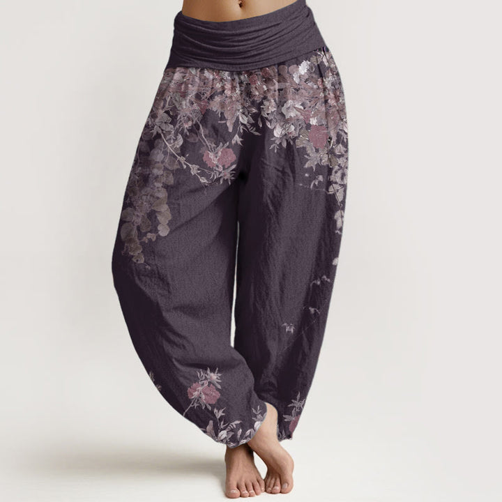 Pantalon Buddha Stones décontracté en pur coton avec motif de pivoine rouge et de vigne pour femme, taille élastique
