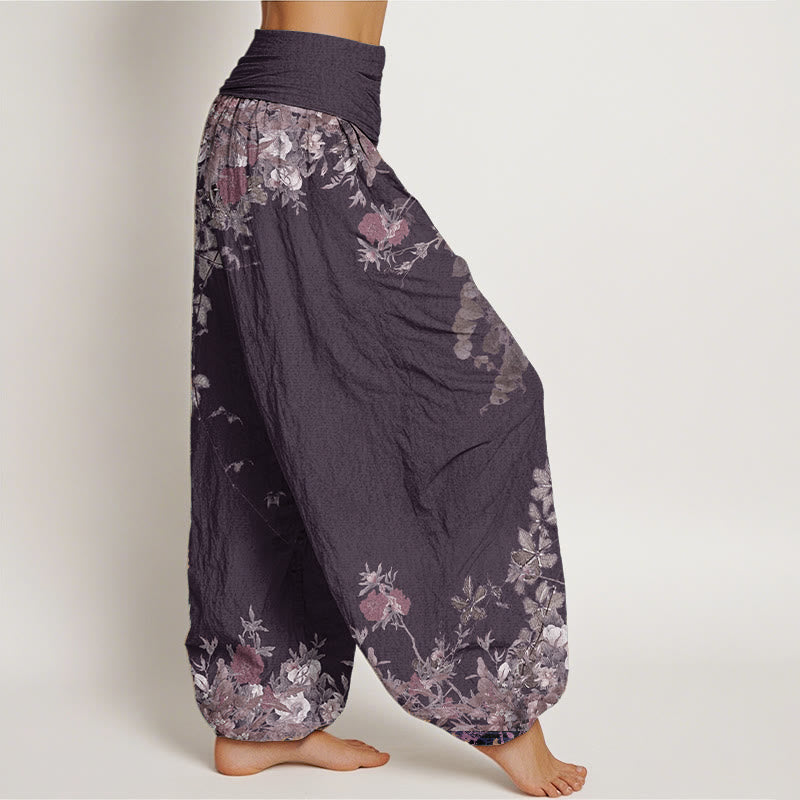 Pantalon Buddha Stones décontracté en pur coton avec motif de pivoine rouge et de vigne pour femme, taille élastique