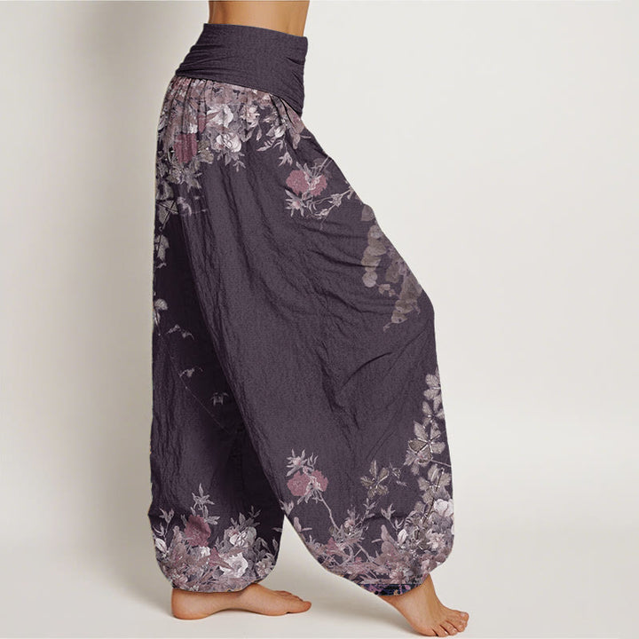 Pantalon Buddha Stones décontracté en pur coton avec motif de pivoine rouge et de vigne pour femme, taille élastique