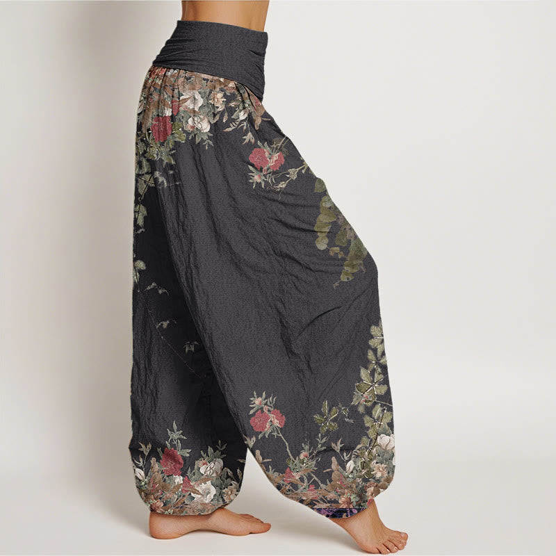 Pantalon Buddha Stones décontracté en pur coton avec motif de pivoine rouge et de vigne pour femme, taille élastique