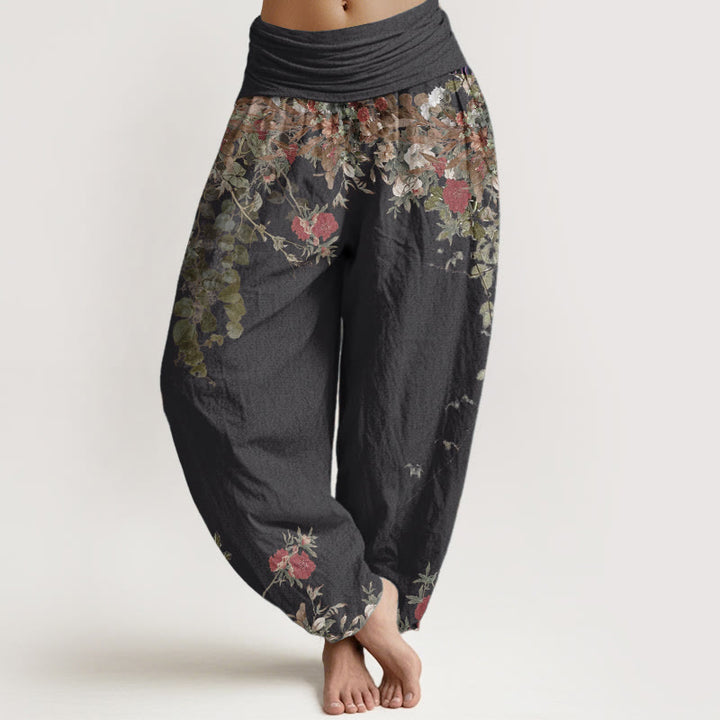 Pantalon Buddha Stones décontracté en pur coton avec motif de pivoine rouge et de vigne pour femme, taille élastique