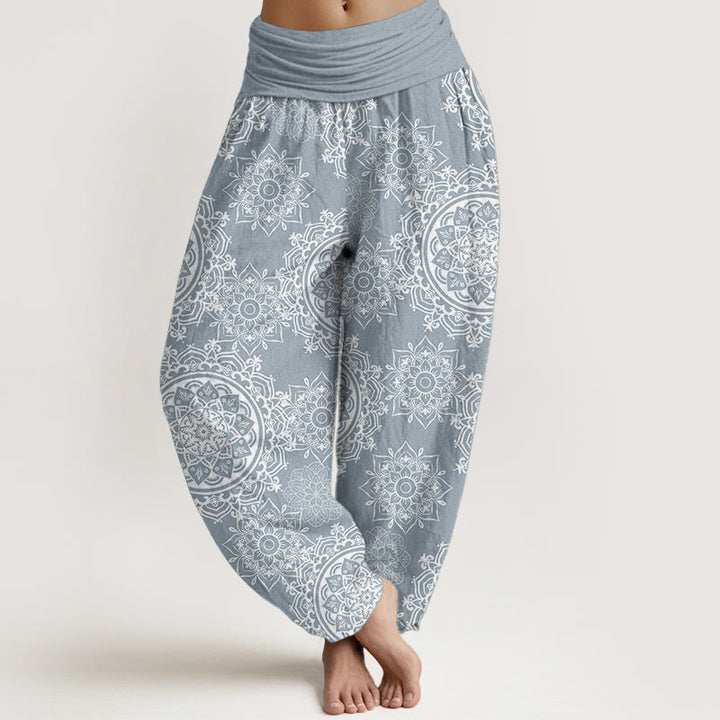Pantalon Buddha Stones décontracté en pur coton avec motif de fleurs mandalas blanches et taille élastique pour femme