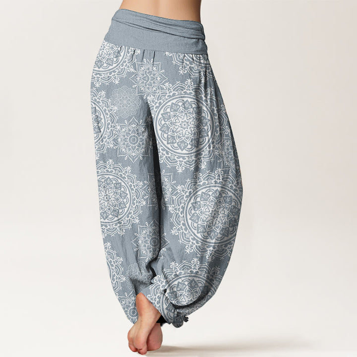 Pantalon Buddha Stones décontracté en pur coton avec motif de fleurs mandalas blanches et taille élastique pour femme