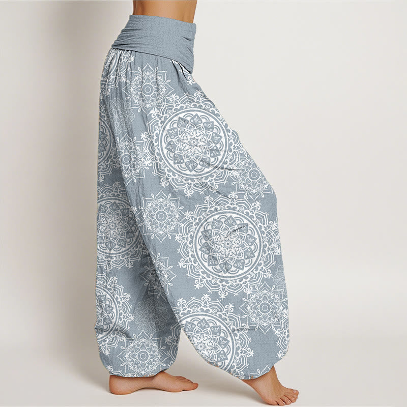 Pantalon Buddha Stones décontracté en pur coton avec motif de fleurs mandalas blanches et taille élastique pour femme