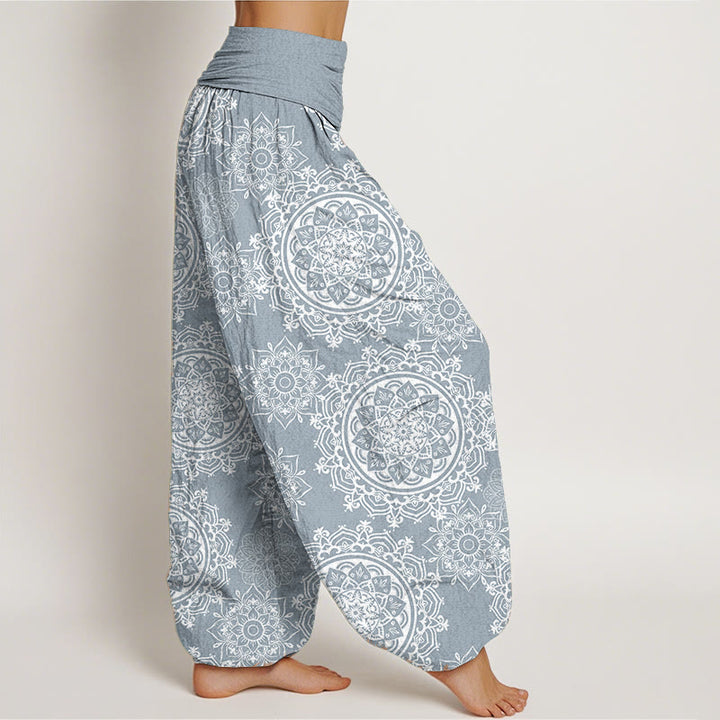 Pantalon Buddha Stones décontracté en pur coton avec motif de fleurs mandalas blanches et taille élastique pour femme