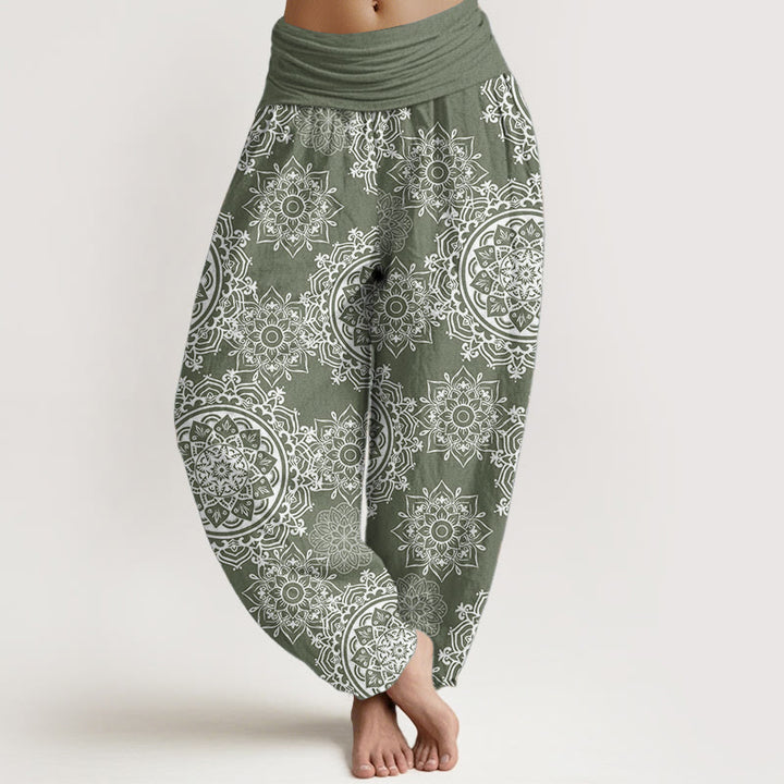 Pantalon Buddha Stones décontracté en pur coton avec motif de fleurs mandalas blanches et taille élastique pour femme