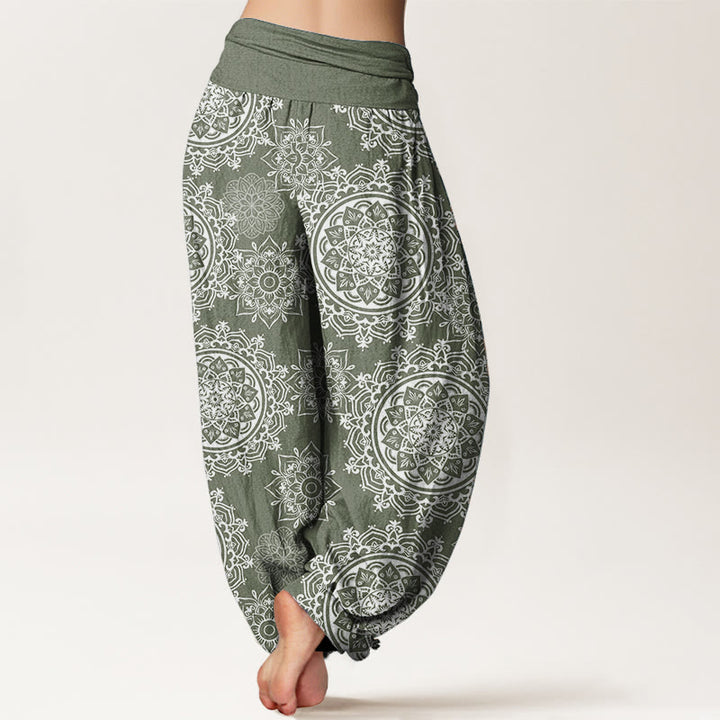 Pantalon Buddha Stones décontracté en pur coton avec motif de fleurs mandalas blanches et taille élastique pour femme