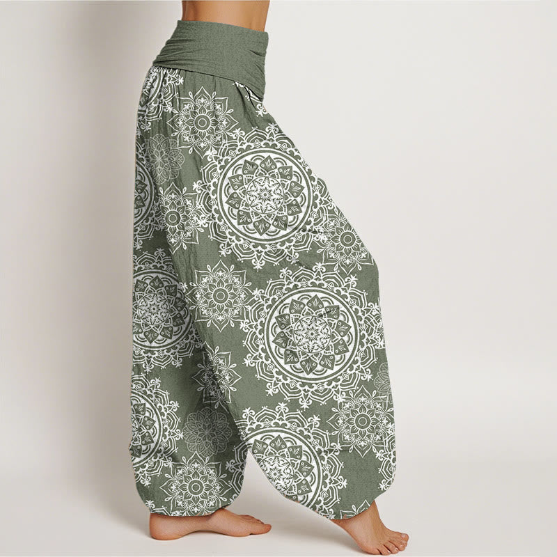 Pantalon Buddha Stones décontracté en pur coton avec motif de fleurs mandalas blanches et taille élastique pour femme
