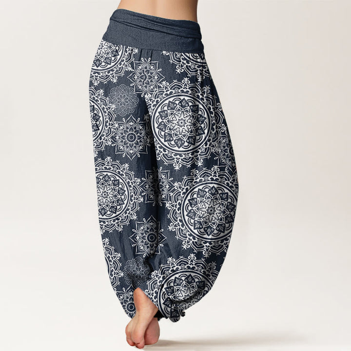 Pantalon Buddha Stones décontracté en pur coton avec motif de fleurs mandalas blanches et taille élastique pour femme