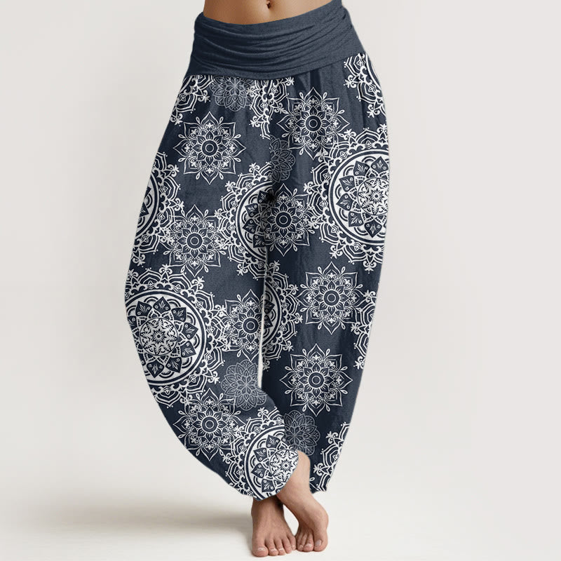 Pantalon Buddha Stones décontracté en pur coton avec motif de fleurs mandalas blanches et taille élastique pour femme