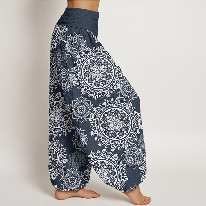 Pantalon Buddha Stones décontracté en pur coton avec motif de fleurs mandalas blanches et taille élastique pour femme