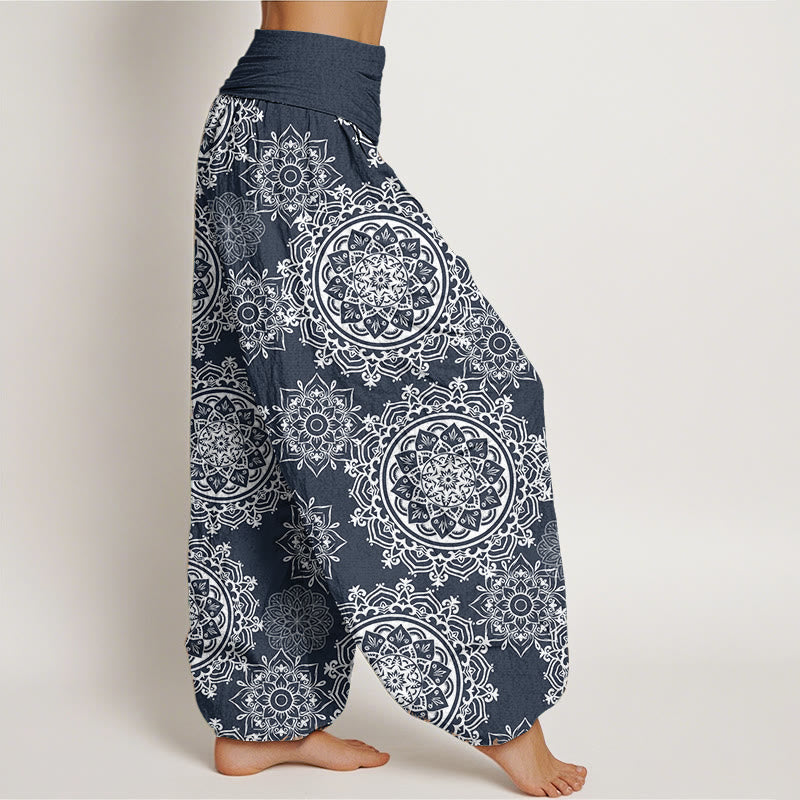Pantalon Buddha Stones décontracté en pur coton avec motif de fleurs mandalas blanches et taille élastique pour femme - image 11