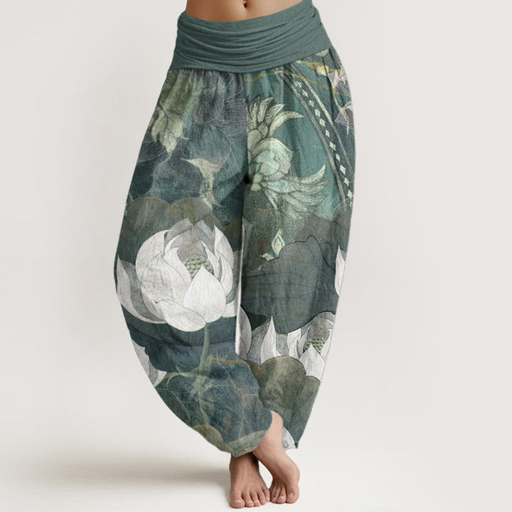 Pantalon sarouel décontracté en pur coton blanc avec motif de feuilles de lotus et Buddha Stones , taille élastique, pour femme