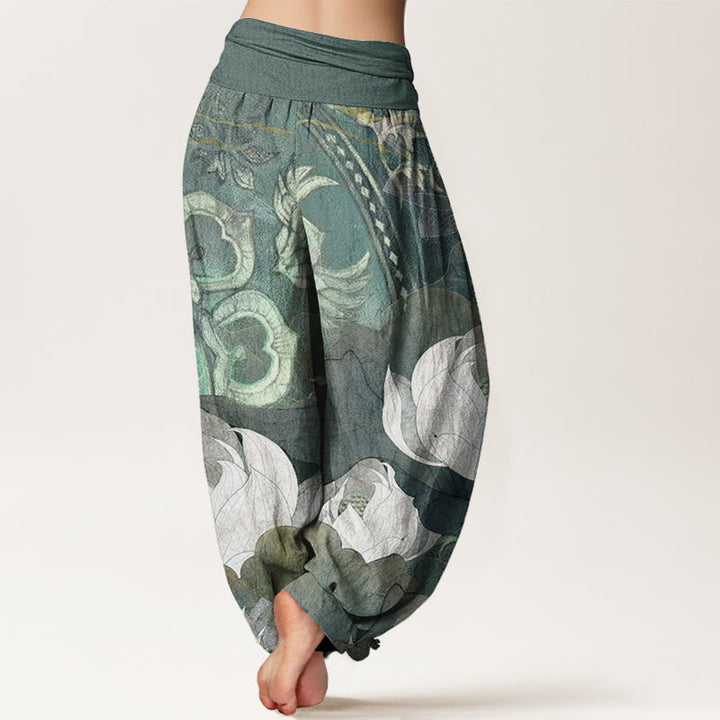 Pantalon sarouel décontracté en pur coton blanc avec motif de feuilles de lotus et Buddha Stones , taille élastique, pour femme