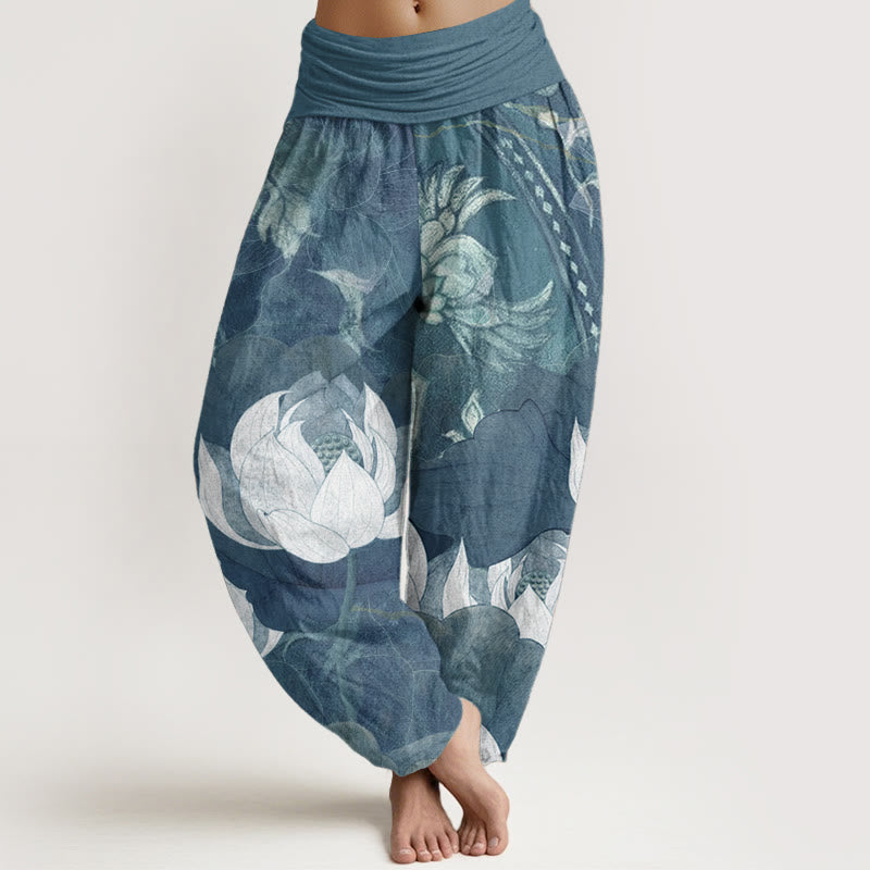 Pantalon sarouel décontracté en pur coton blanc avec motif de feuilles de lotus et Buddha Stones , taille élastique, pour femme