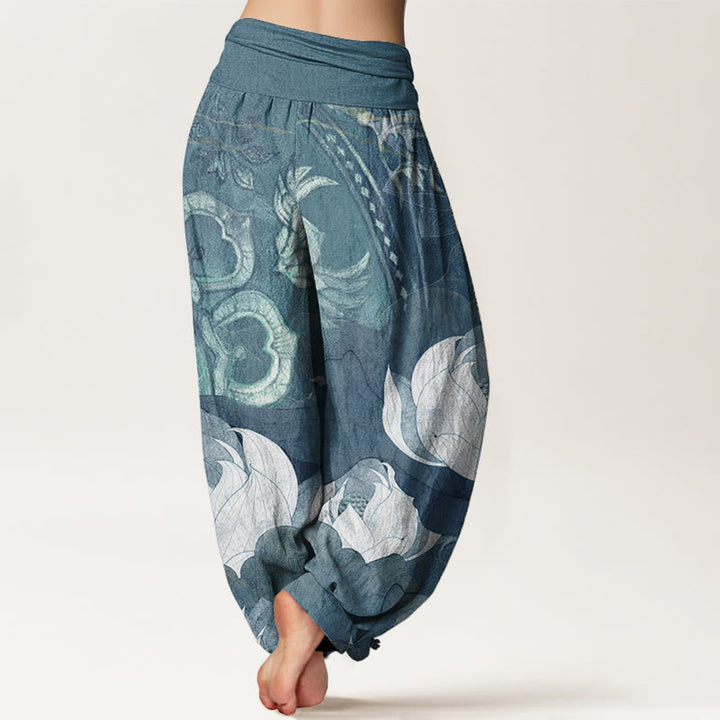 Pantalon sarouel décontracté en pur coton blanc avec motif de feuilles de lotus et Buddha Stones , taille élastique, pour femme