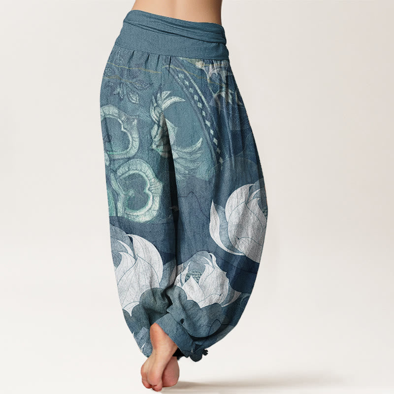 Pantalon sarouel décontracté en pur coton blanc avec motif de feuilles de lotus et Buddha Stones , taille élastique, pour femme - image 6