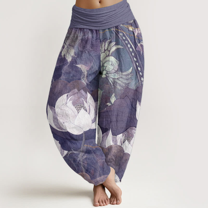 Pantalon sarouel décontracté en pur coton blanc avec motif de feuilles de lotus et Buddha Stones , taille élastique, pour femme