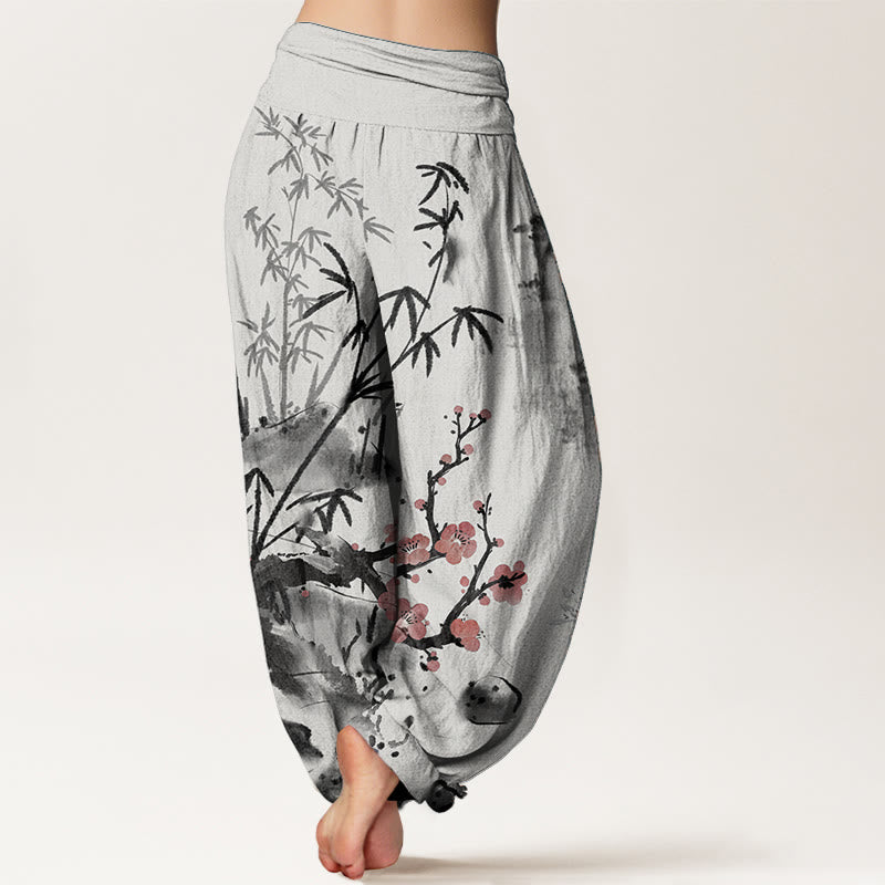 Pantalon sarouel taille élastique pour femme, motif Buddha Stones, pur coton, fleurs de prunier, bambou, orchidées, chrysanthèmes