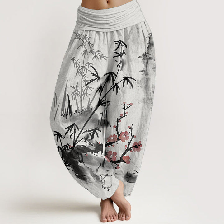 Pantalon sarouel taille élastique pour femme, motif Buddha Stones, pur coton, fleurs de prunier, bambou, orchidées, chrysanthèmes