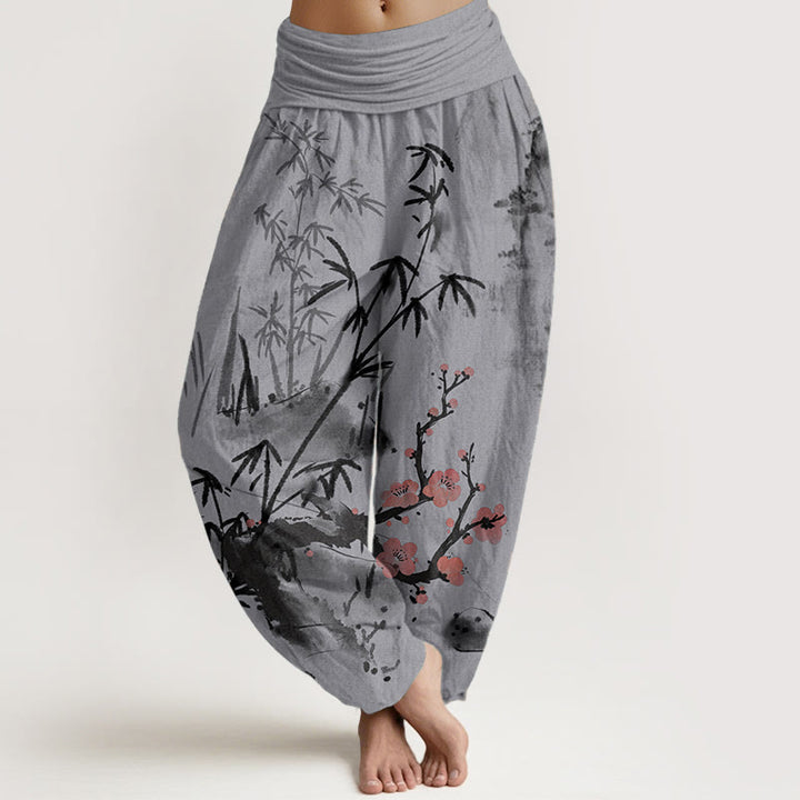 Pantalon sarouel taille élastique pour femme, motif Buddha Stones, pur coton, fleurs de prunier, bambou, orchidées, chrysanthèmes