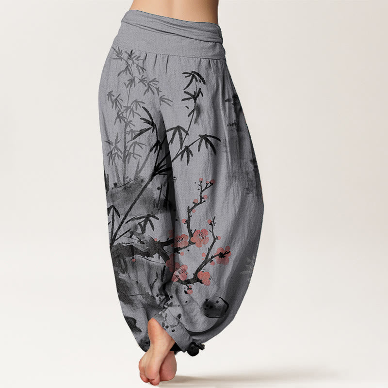 Pantalon sarouel taille élastique pour femme, motif Buddha Stones, pur coton, fleurs de prunier, bambou, orchidées, chrysanthèmes