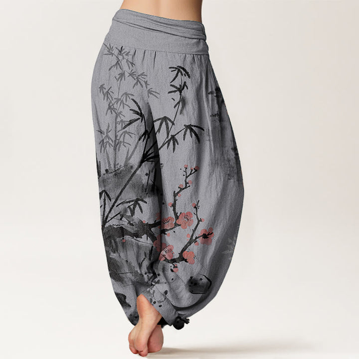 Pantalon sarouel taille élastique pour femme, motif Buddha Stones, pur coton, fleurs de prunier, bambou, orchidées, chrysanthèmes
