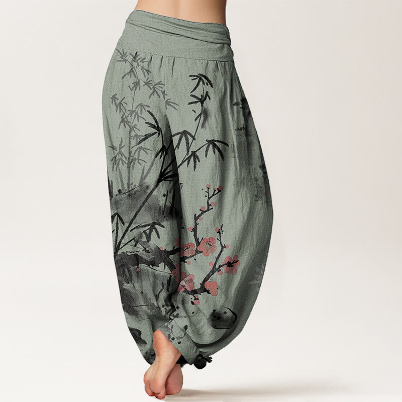Pantalon sarouel taille élastique pour femme, motif Buddha Stones, pur coton, fleurs de prunier, bambou, orchidées, chrysanthèmes