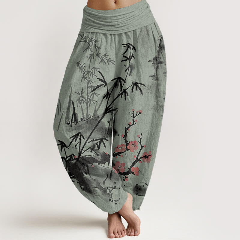Pantalon sarouel taille élastique pour femme, motif Buddha Stones, pur coton, fleurs de prunier, bambou, orchidées, chrysanthèmes - Vert foncé - US22，UK/AU26，EU54 (6XL) - image 5