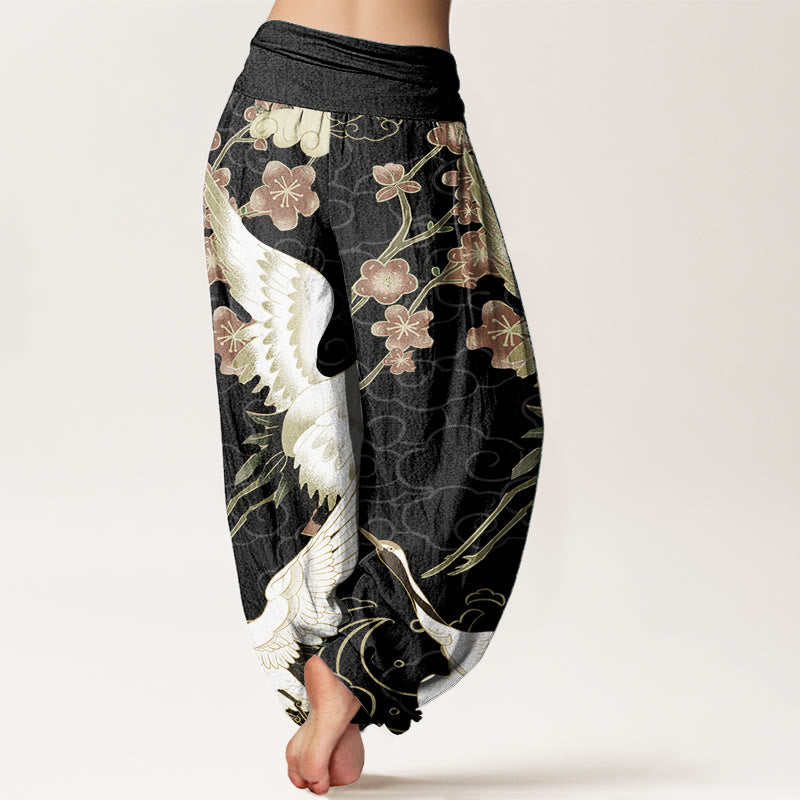 Pantalon sarouel taille élastique pour femme, motif Buddha Stones, grues, fleurs et nuages de bon augure
