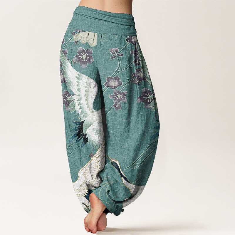 Pantalon sarouel taille élastique pour femme, motif Buddha Stones, grues, fleurs et nuages de bon augure