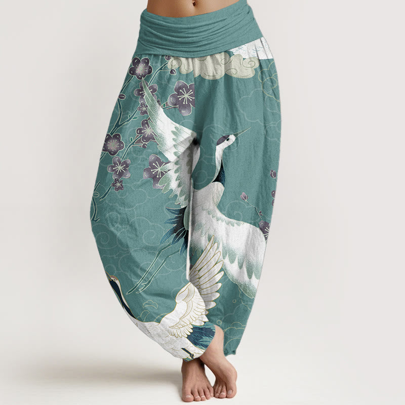 Pantalon sarouel taille élastique pour femme, motif Buddha Stones, grues, fleurs et nuages de bon augure