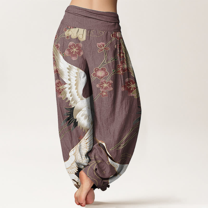 Pantalon sarouel taille élastique pour femme, motif Buddha Stones, grues, fleurs et nuages de bon augure