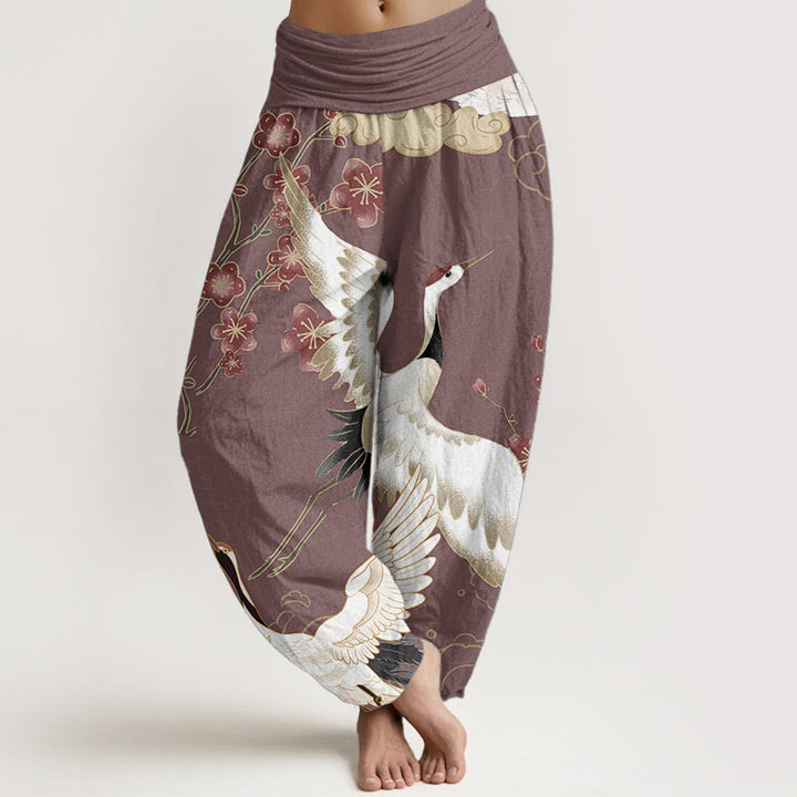 Pantalon sarouel taille élastique pour femme, motif Buddha Stones, grues, fleurs et nuages de bon augure
