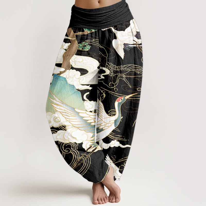 Pantalon sarouel taille élastique pour femme, motif Buddha Stones, grues volantes, nuages ​​de bon augure, arbre - Noir - US22，UK/AU26，EU54 (6XL) - image 0