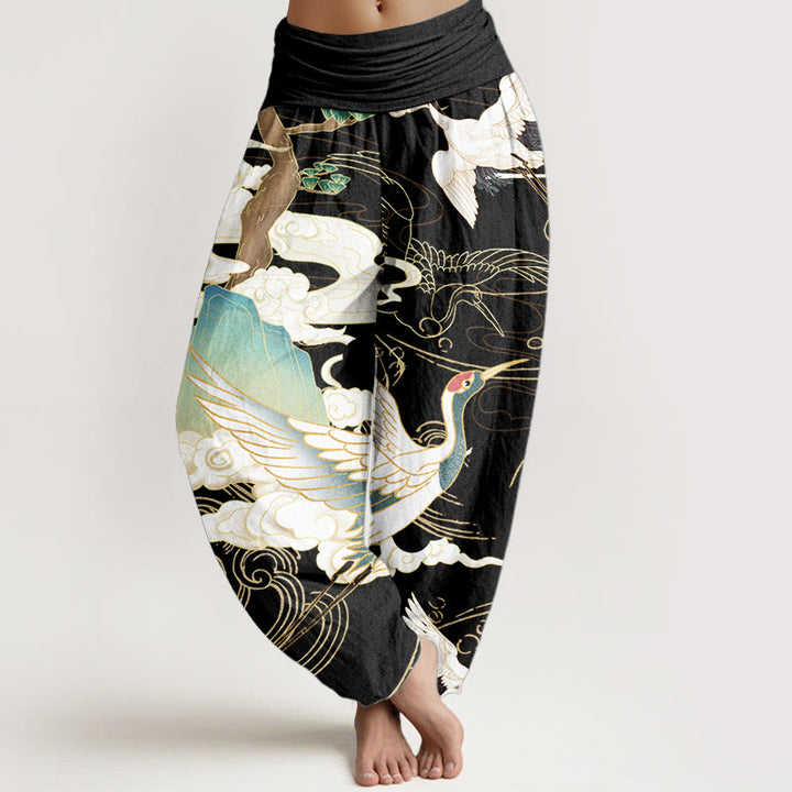 Pantalon sarouel taille élastique pour femme, motif Buddha Stones, grues volantes, nuages ​​de bon augure, arbre - Noir - US22，UK/AU26，EU54 (6XL) - image 0