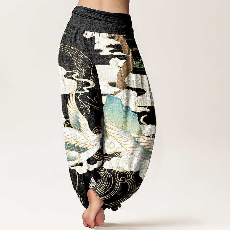 Pantalon sarouel taille élastique pour femme, motif Buddha Stones, grues volantes, nuages de bon augure, arbre