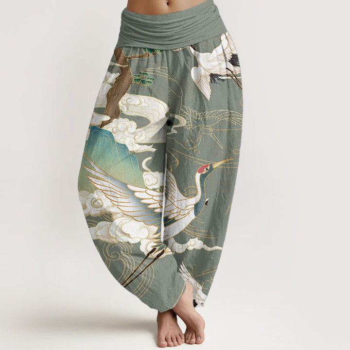 Pantalon sarouel taille élastique pour femme, motif Buddha Stones, grues volantes, nuages de bon augure, arbre
