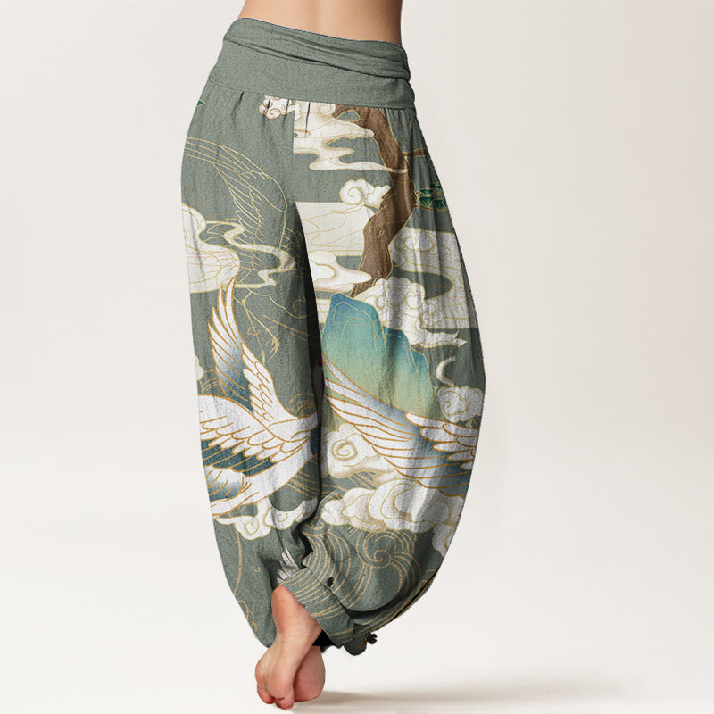 Pantalon sarouel taille élastique pour femme, motif Buddha Stones, grues volantes, nuages de bon augure, arbre