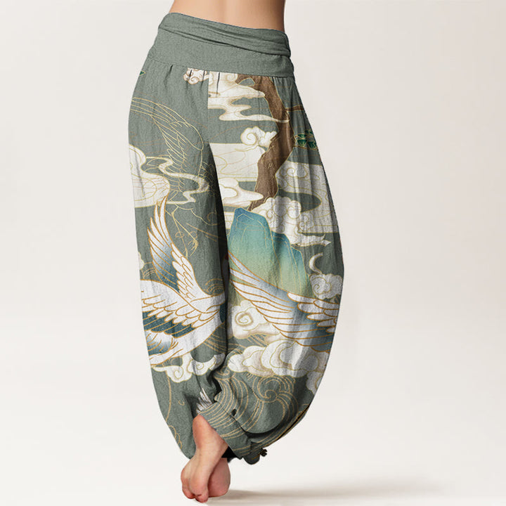 Pantalon sarouel taille élastique pour femme, motif Buddha Stones, grues volantes, nuages de bon augure, arbre
