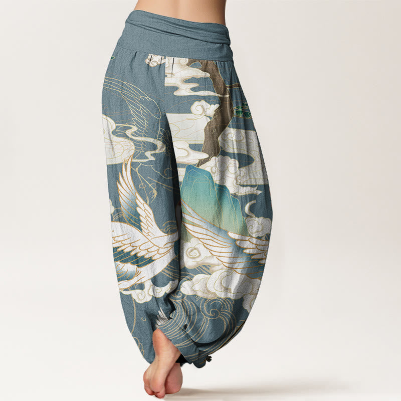 Pantalon sarouel taille élastique pour femme, motif Buddha Stones, grues volantes, nuages de bon augure, arbre
