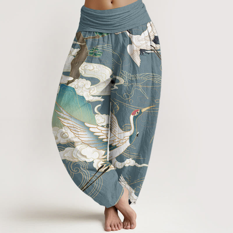 Pantalon sarouel taille élastique pour femme, motif Buddha Stones, grues volantes, nuages de bon augure, arbre