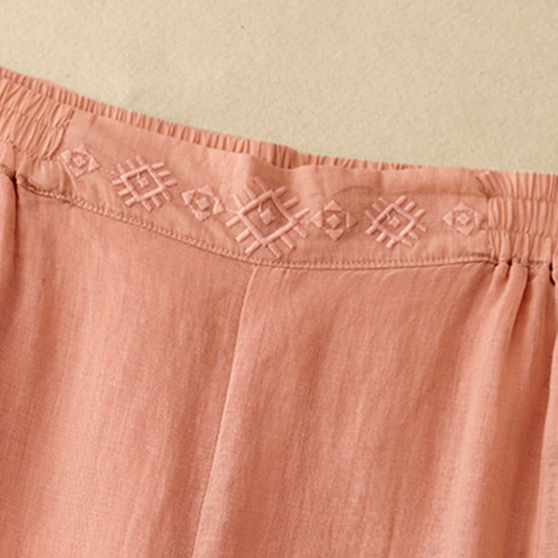 Pantalon large en coton et lin pour femme, avec poches, broderie géométrique et Buddha Stones , taille élastique