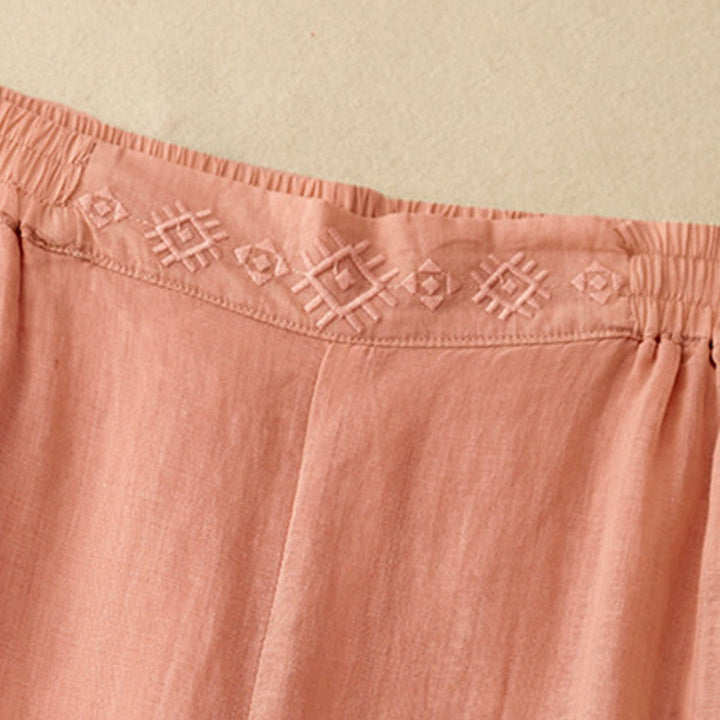 Pantalon large en coton et lin pour femme, avec poches, broderie géométrique et Buddha Stones , taille élastique