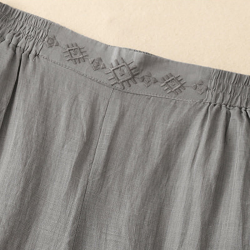 Pantalon large en coton et lin pour femme, avec poches, broderie géométrique et Buddha Stones , taille élastique