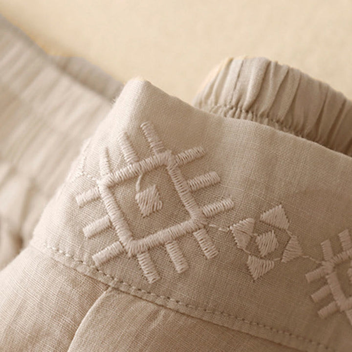 Pantalon large en coton et lin pour femme, avec poches, broderie géométrique et Buddha Stones , taille élastique