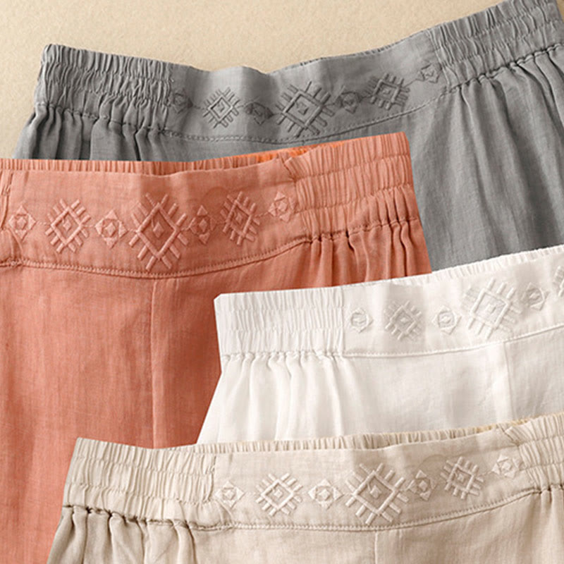 Pantalon large en coton et lin pour femme, avec poches, broderie géométrique et Buddha Stones , taille élastique