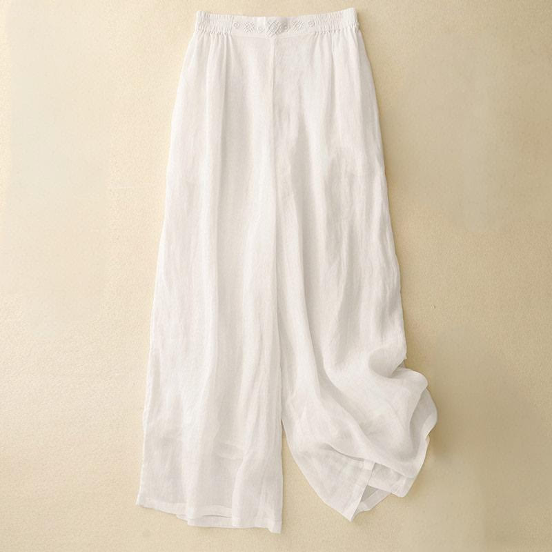 Pantalon large en coton et lin pour femme, avec poches, broderie géométrique et Buddha Stones , taille élastique
