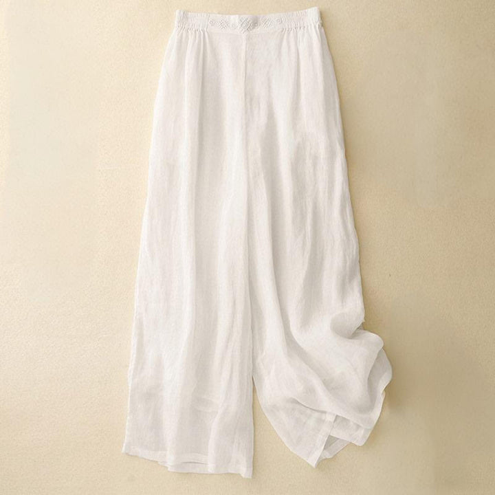 Pantalon large en coton et lin pour femme, avec poches, broderie géométrique et Buddha Stones , taille élastique